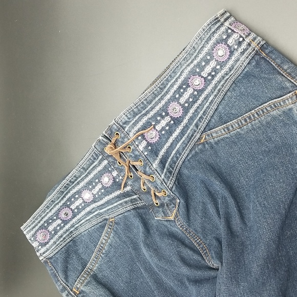 Calvin Klein Jeans Size 10 Embroidered Waist Leather LaceUp Front Wide Leg Jeans - Picture 3 of 13